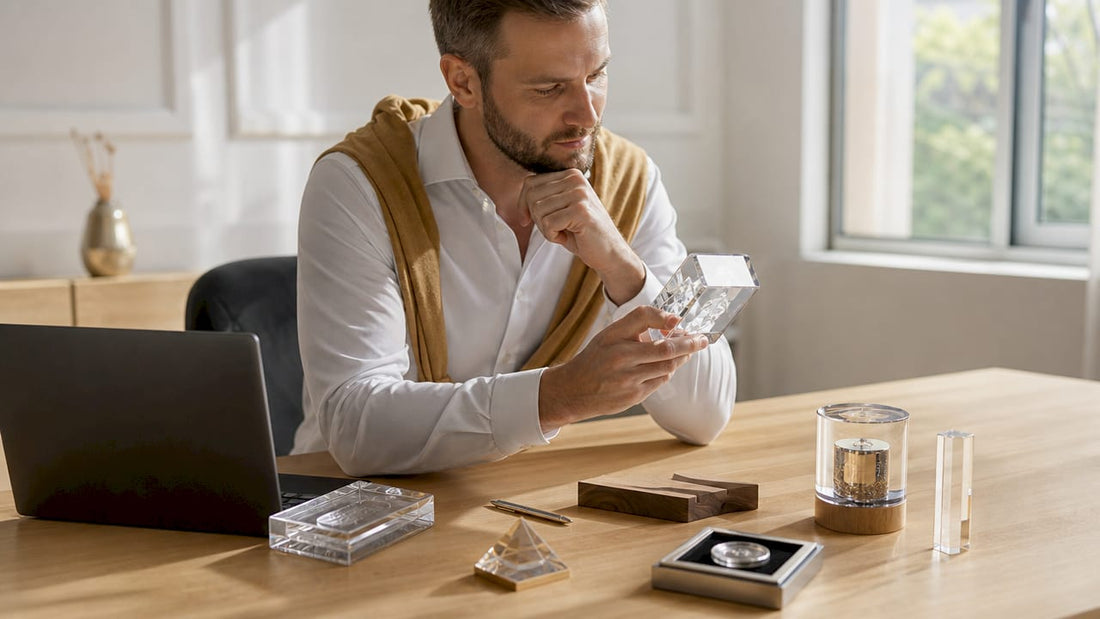 Ein Mann begutachtet individuell mit 3D-Laser gravierte Werbeartikel aus Glas.