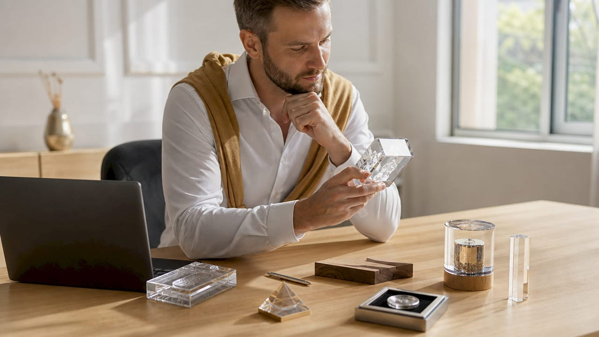 Ein Mann begutachtet individuell mit 3D-Laser gravierte Werbeartikel aus Glas.