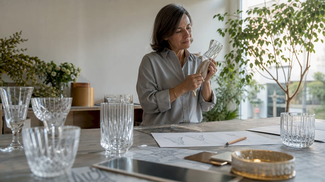 In einem Designstudio bringt eine Frau ein Glasobjekt auf Hochglanz.
