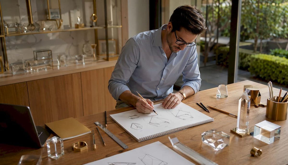 Ein Designer entwirft erste Skizzen für Firmen-Auszeichnungen und entwickelt dabei verschiedene Prototypen, um die perfekte Trophäe für Unternehmen zu schaffen.