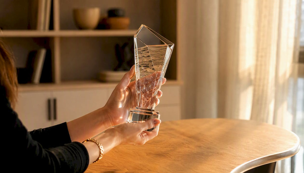 Hände halten eine gravierte Glas-Trophäe und präsentieren sie feierlich.