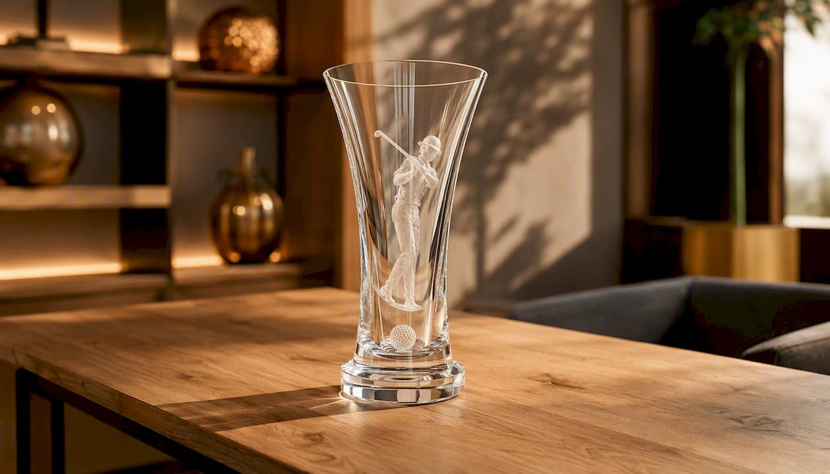 Detailaufnahme einer edlen Glas-Trophäe mit Gravur