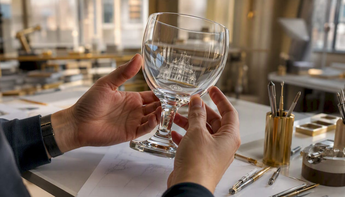 Hände richten einen gravierten Glaspokal aus
