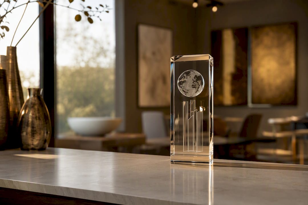 Kristallpreis mit 3D-Gravur auf bronzefarbenem Sockel