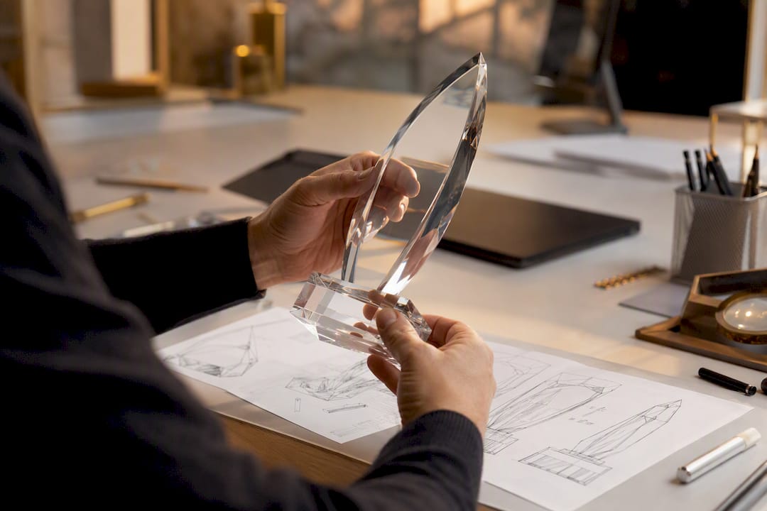 Hand, die ein 3D-Trophäenmodell auf einem weißen Tisch hält