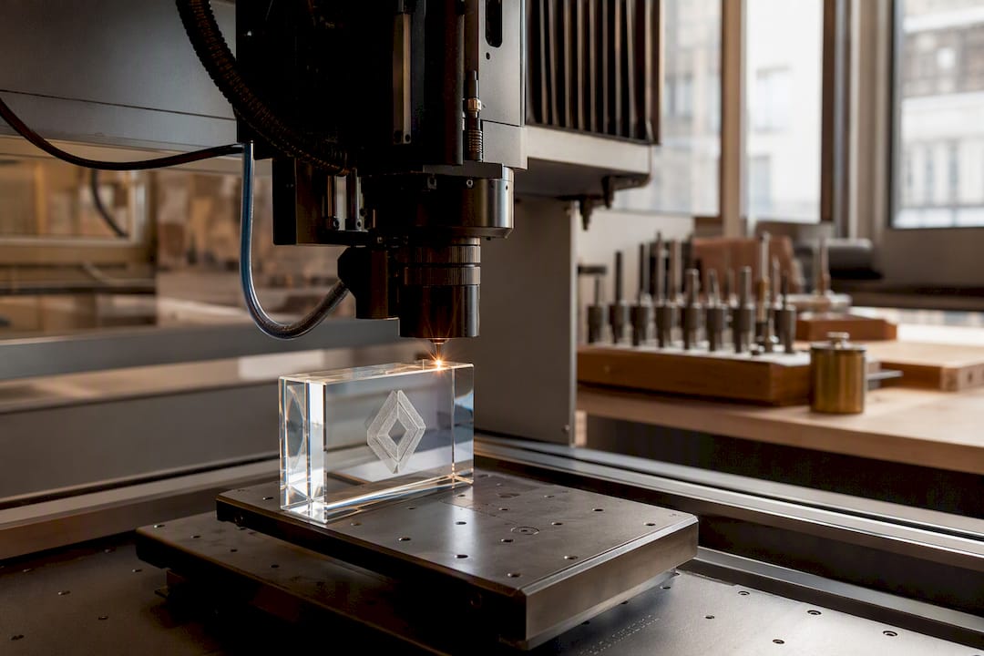 Lasergravur eines 3D-Logos im Kristallblock