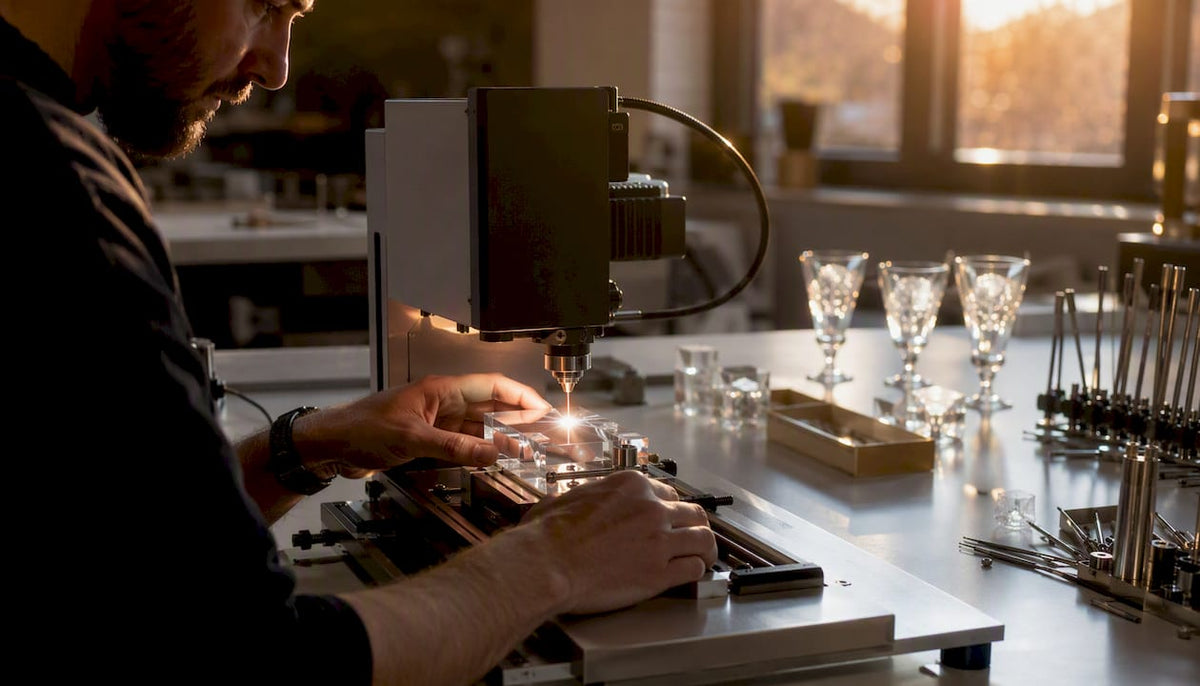 Hand hält Glas für die Lasergravur