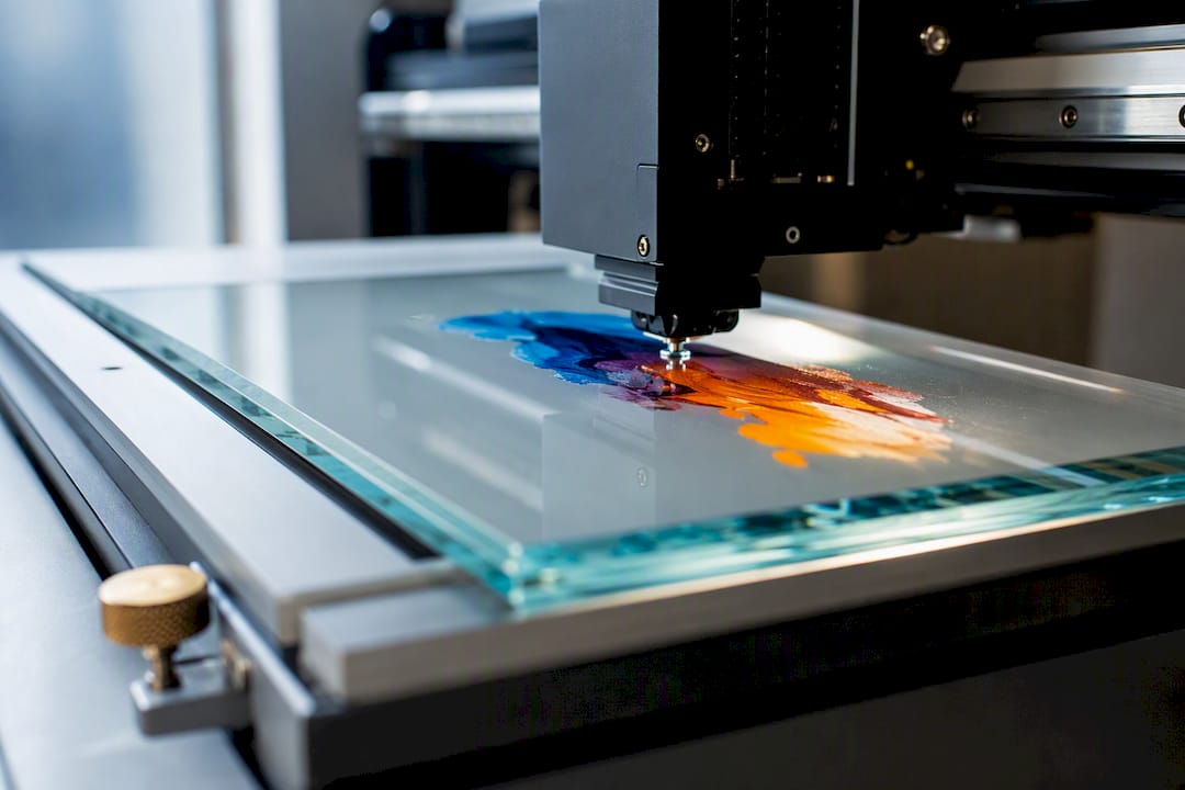Farbdruckkopf druckt auf transparente Glasfläche