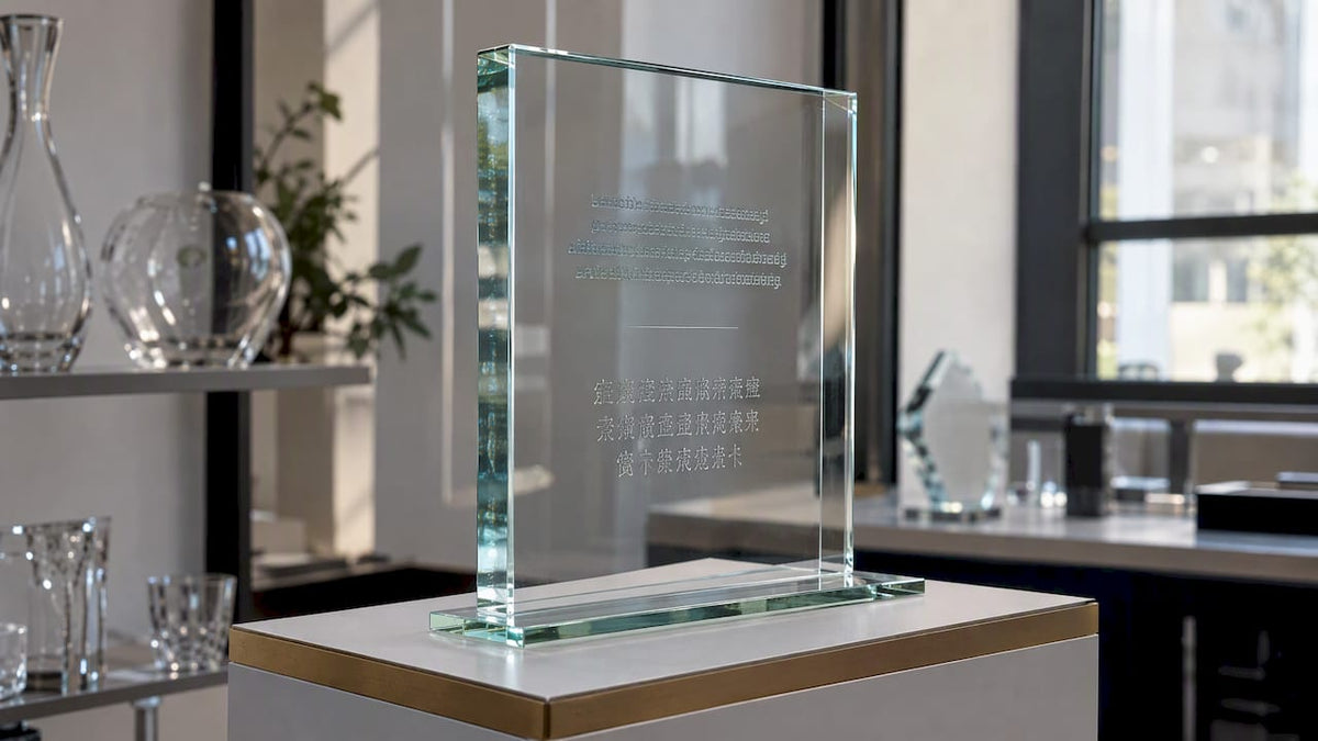 Glaspokal mit zweisprachiger Gravur