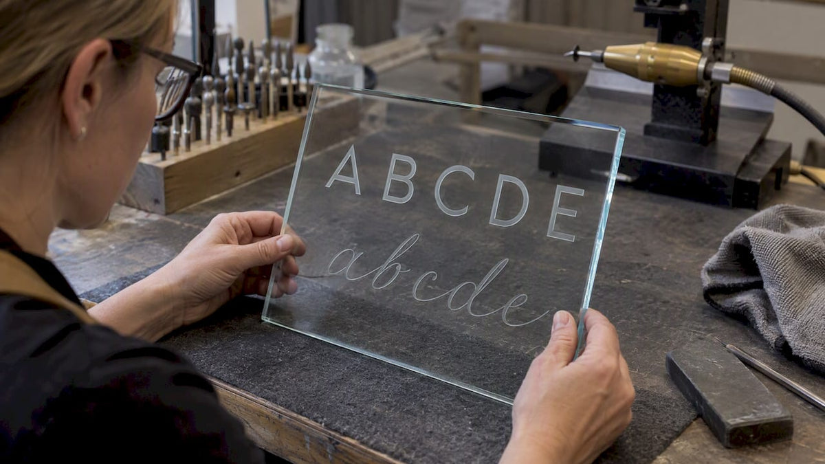 Gravierte Schriftzüge auf Glas