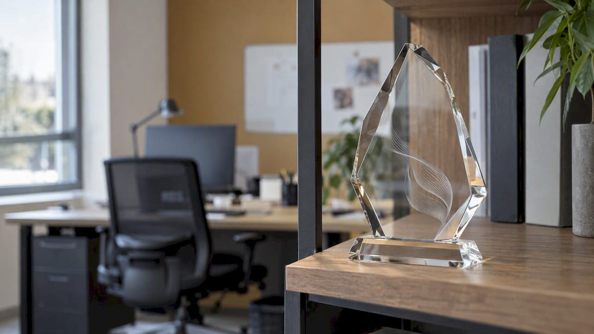 Glas-Auszeichnung auf einem Regal im Mitarbeiterbüro