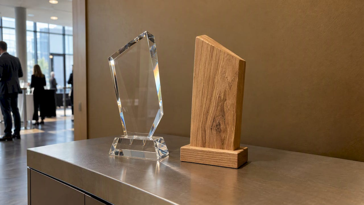 Glaspokal und Holz-Award im Materialvergleich
