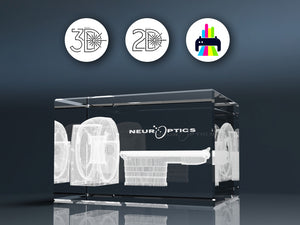 3D Glasblock mit eingraviertem technischen Motiv und Optionen für Gravurarten