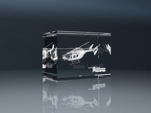 3D Glasblock mit Helikopter-Lasergravur als exklusiver Werbeartikel