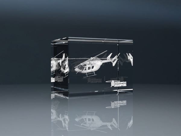 3D Glasblock mit Helikopter-Lasergravur als exklusiver Werbeartikel