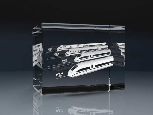 3D Kristallglasblock mit ICE Zuggravuren, Darstellung verschiedener ICE-Modelle