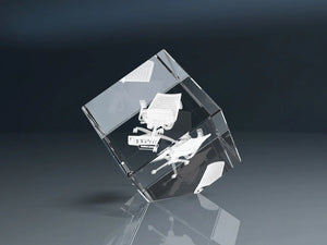 Glass cube with an engraved 3D office chair, an elegant crystal glass promotional item