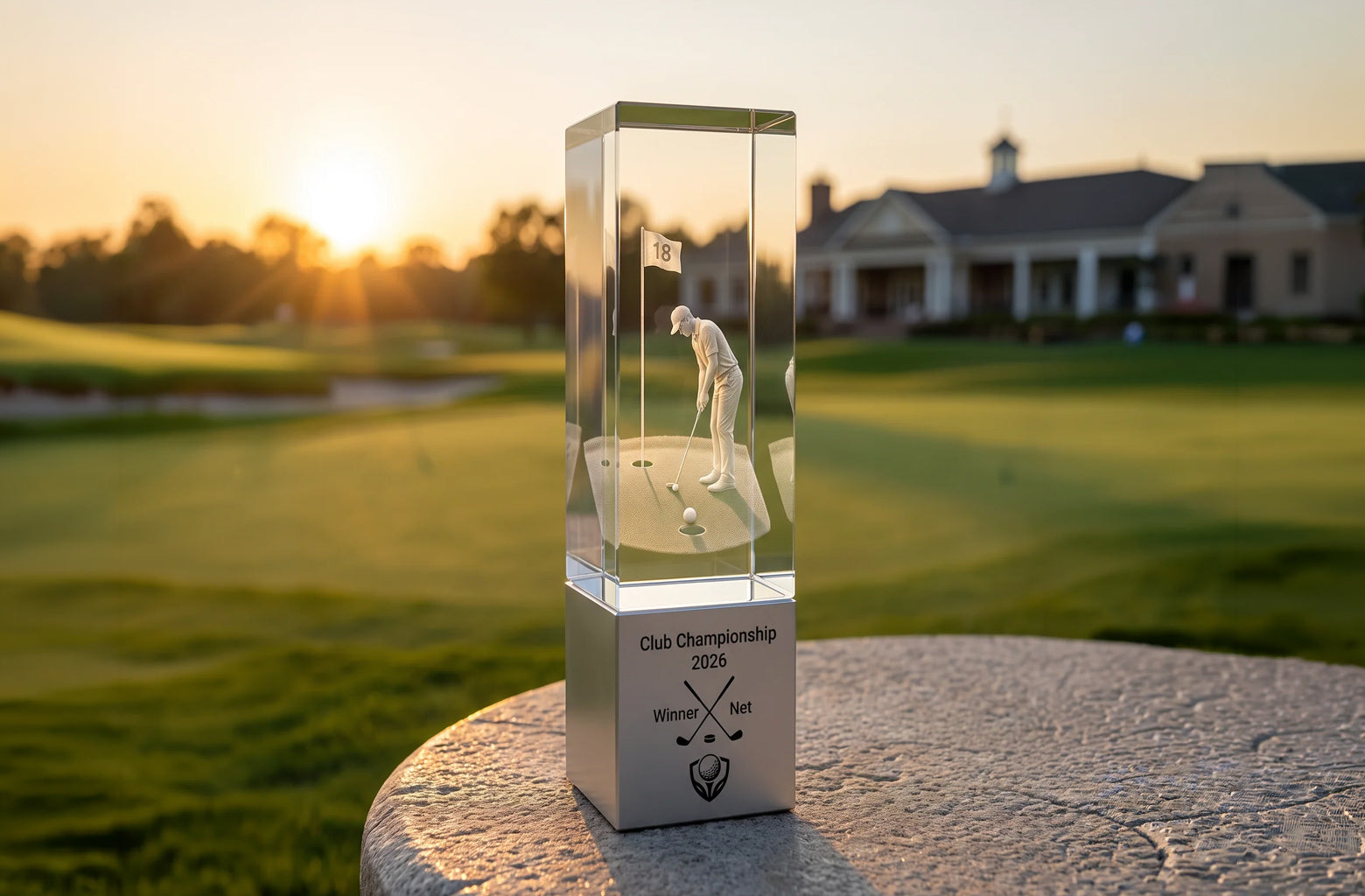 Golf-Award aus Kristallglas auf Aluminiumsockel mit individueller Gravur