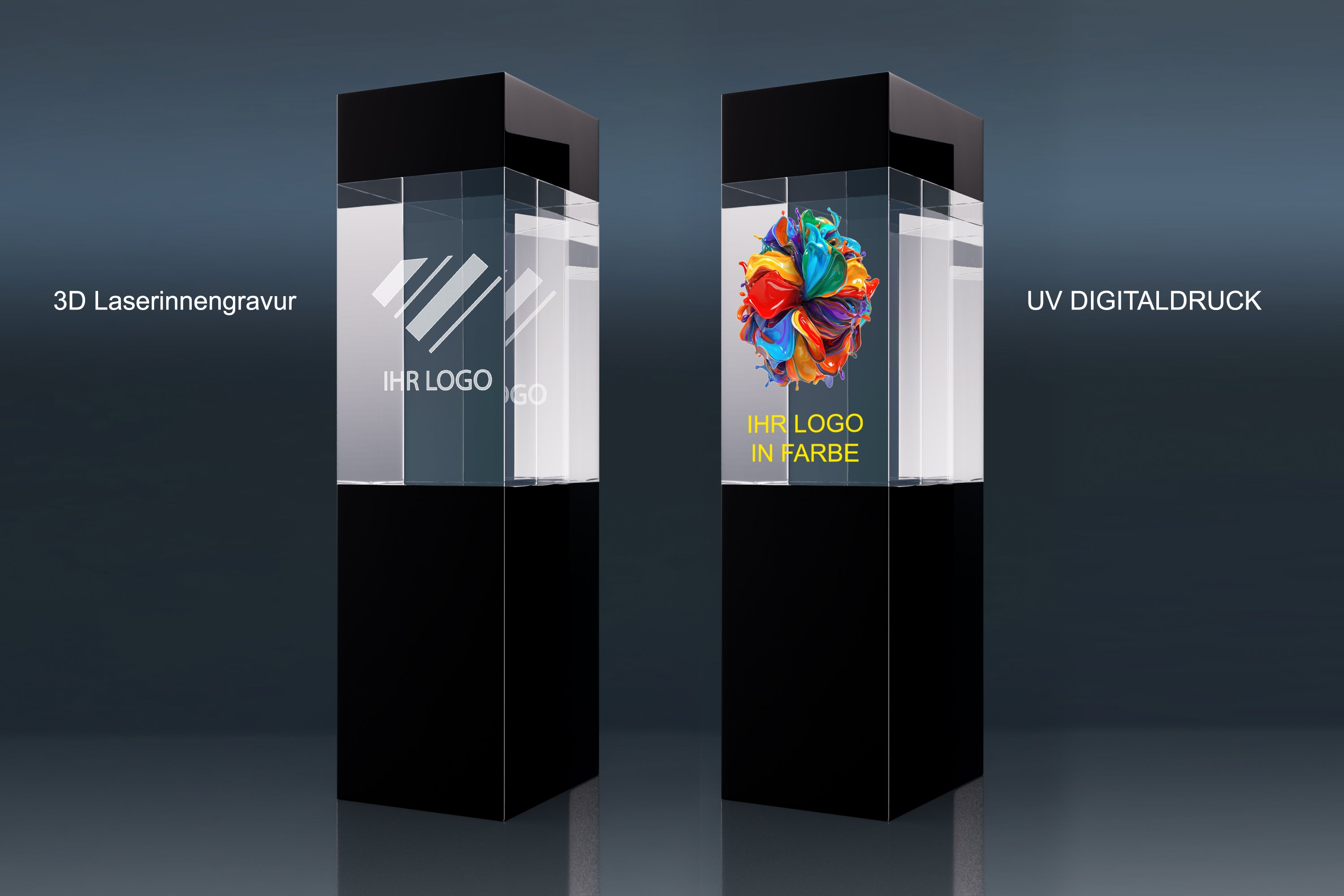 Zwei schwarze Kristallglas-Stelen, links mit 3D-Laserinnengravur, rechts mit farbigem UV-Digitaldruck.