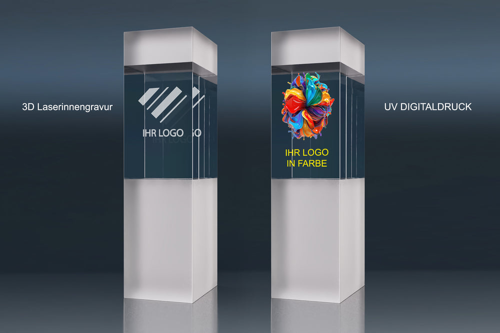 Zwei Glasquader mit 3D Laserinnengravur und UV Digitaldruck für individuelle Logoveredelung