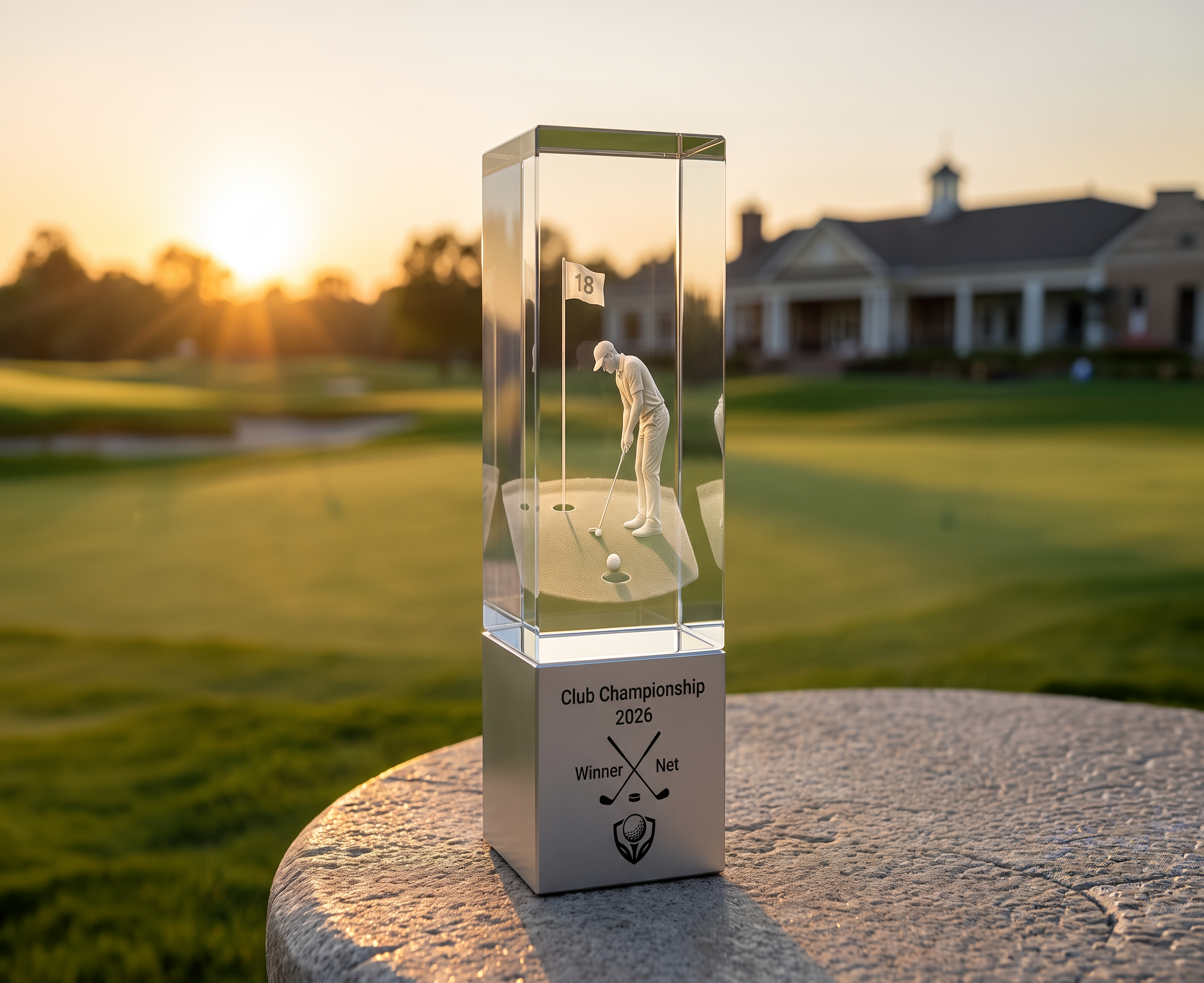 Golf-Award aus Kristallglas auf Aluminiumsockel vor einem Golfplatz