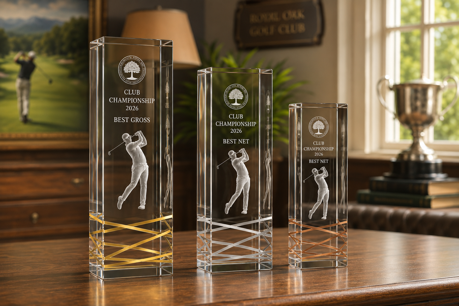 Drei Royal Golf-Trophäen aus Kristallglas mit 3D-Lasergravur