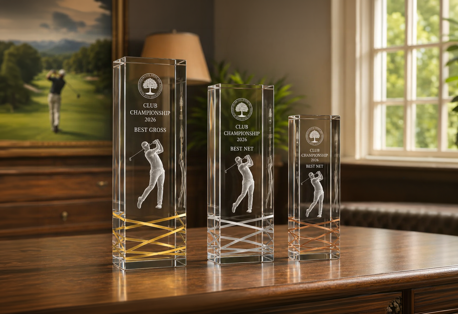 Royal Golf-Trophäen aus Kristallglas in drei Größen