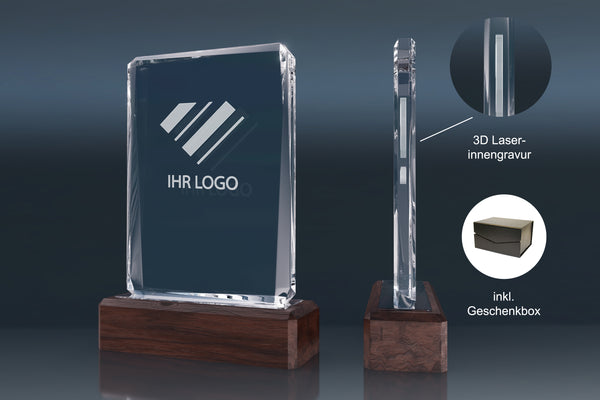 Trophy Wooden Facette – edle Glas-Trophäe mit Holzsockel und facettiertem Design für personalisierte 3D Gravuren und außergewöhnliche Auszeichnungen