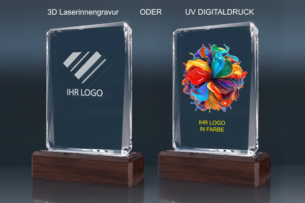 Trophy Wooden Facette – exklusive Glas-Trophäe mit einzigartigem facettiertem Design und personalisierter 3D Lasergravur für beeindruckende Auszeichnungen und Preisverleihungen