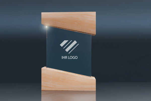 Hochwertige Trophy Wooden Box Trophäe aus Kristallglas mit einzigartigem Holzsockel und edler Holzbox, perfekt für herausragende Preisverleihungen und personalisierte Ehrungen