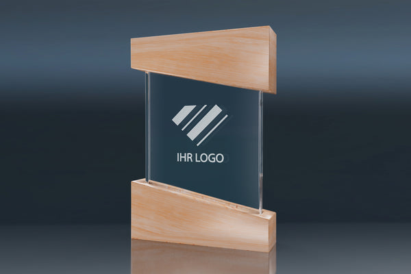 Trophy Wooden Box – elegante Glas-Trophäe mit edlem Holzsockel und stilvoller Holzbox, ideal für individuelle 3D Lasergravuren und außergewöhnliche Auszeichnungen