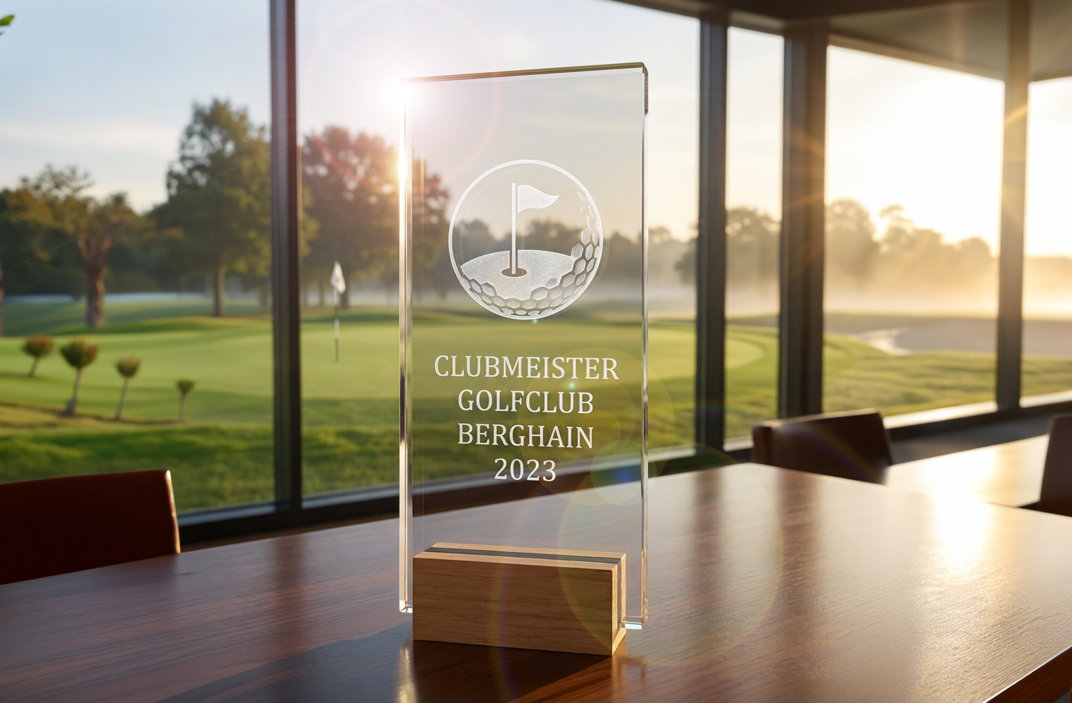 Golf-Award aus Kristallglas auf Holzsockel mit individueller Gravur