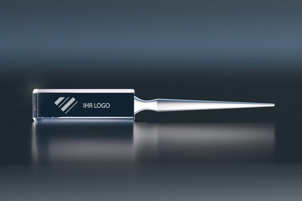 Elegant crystal glass letter opener with a customisable engraved logo on a dark background