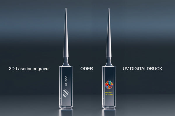 Crystal glass letter openers with 3D subsurface laser engraving and UV colour printing