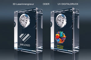 Kristallglas Uhr mit 3D Lasergravur oder farbigem UV Digitaldruck für Werbezwecke