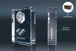 Kristallglas Uhr mit individuell graviertem Logo, 3D Laserinnengravur, inkl. Geschenkbox