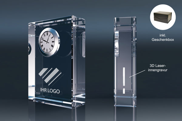 Kristallglas Uhr mit individuell graviertem Logo, 3D Laserinnengravur, inkl. Geschenkbox