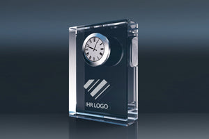 Kristallglas Uhr mit Gravur, Werbegeschenk, rechteckiger Glasblock, Platz für Logo