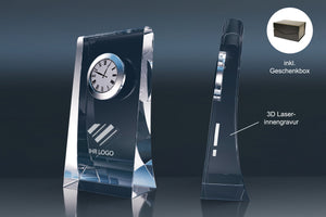 Crystal glass clock with a Roman numeral dial, custom engraving and gift box