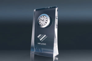 Elegant crystal glass standing clock with an engraved logo, ideal as a promotional item or gift