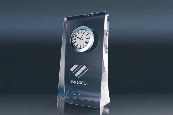 Elegant crystal glass standing clock with an engraved logo, ideal as a promotional item or gift