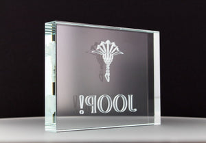 Premium crystal glass block engraved with 100P! and a stylised trophy
