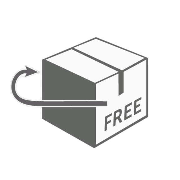 Symbol für kostenlosen Rückversand, Paket mit Pfeil und Aufschrift FREE