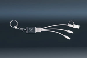 Kristallglas Schlüsselanhänger mit graviertem Logo und USB-Ladekabel, Werbeartikel