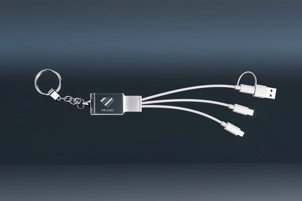 Kristallglas Schlüsselanhänger mit graviertem Logo und USB-Ladekabel, Werbeartikel