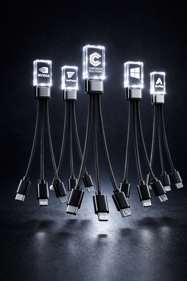 Leuchtende Kristallglas-Gadgets mit graviertem Logo als Werbeartikel, mehrere Anschlusskabel