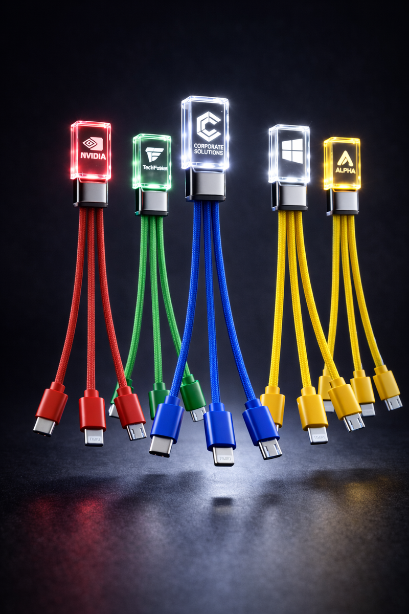 Leuchtende USB-Kabel aus Kristallglas mit graviertem Logo in verschiedenen Farben als Werbeartikel