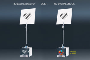 Crystal glass memo holders: 3D subsurface laser engraving on the left and colour UV printing on the right