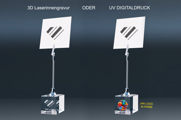 Crystal glass memo holders: 3D subsurface laser engraving on the left and colour UV printing on the right
