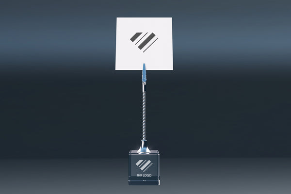 Elegant crystal glass memo holder with logo engraving, metal clip and note in a modern design